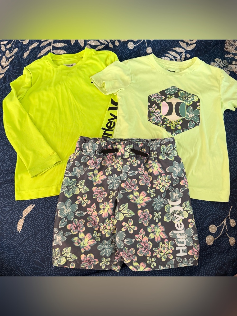 Hurley Neon Yellow Swim Rashguards & Floral Swim Shorts